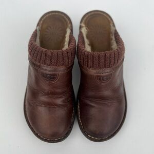 UGG Chocolate Leather clog Knit Cuff and Sherpa interior
